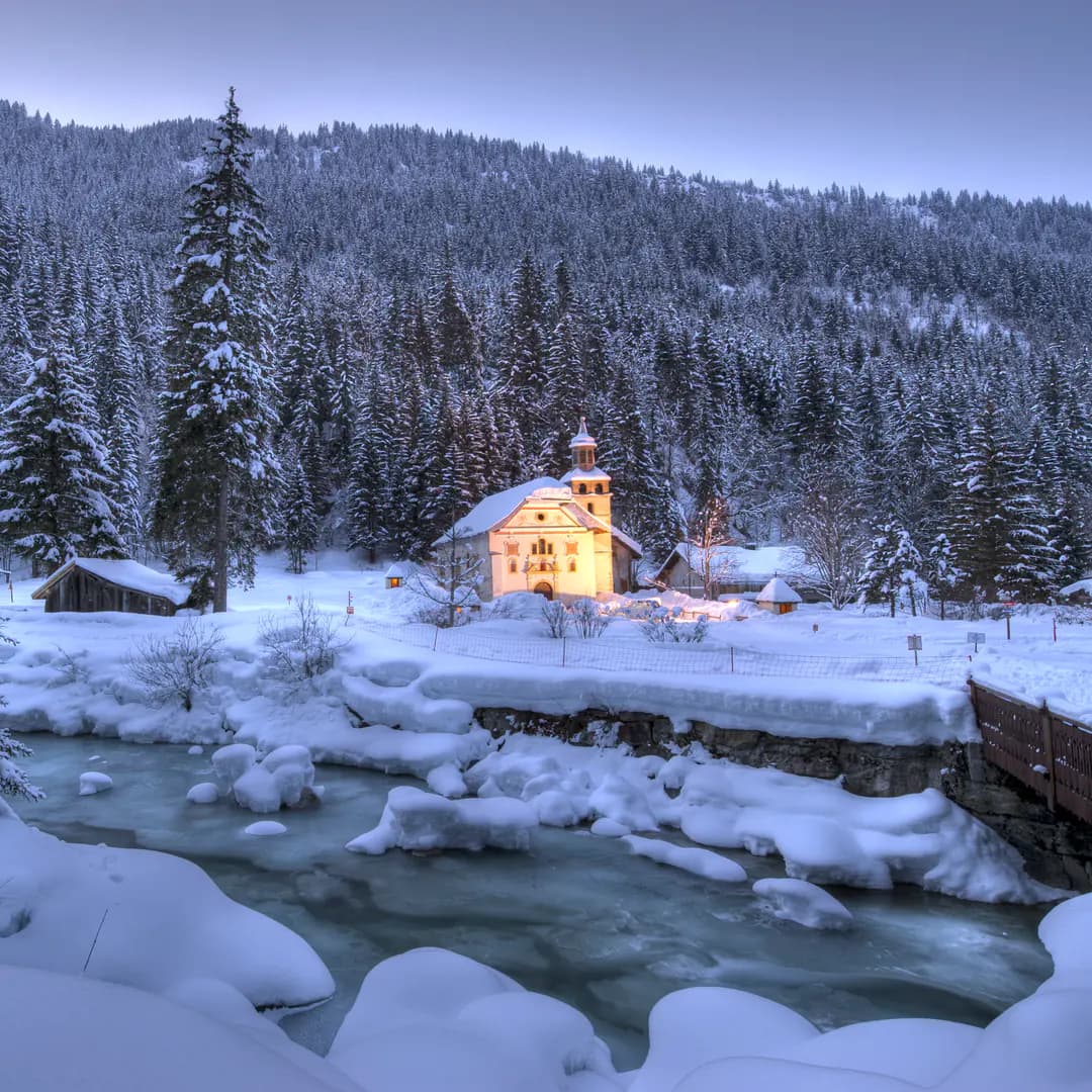 Baroque church in Les Contamines-Montjoie under the snow