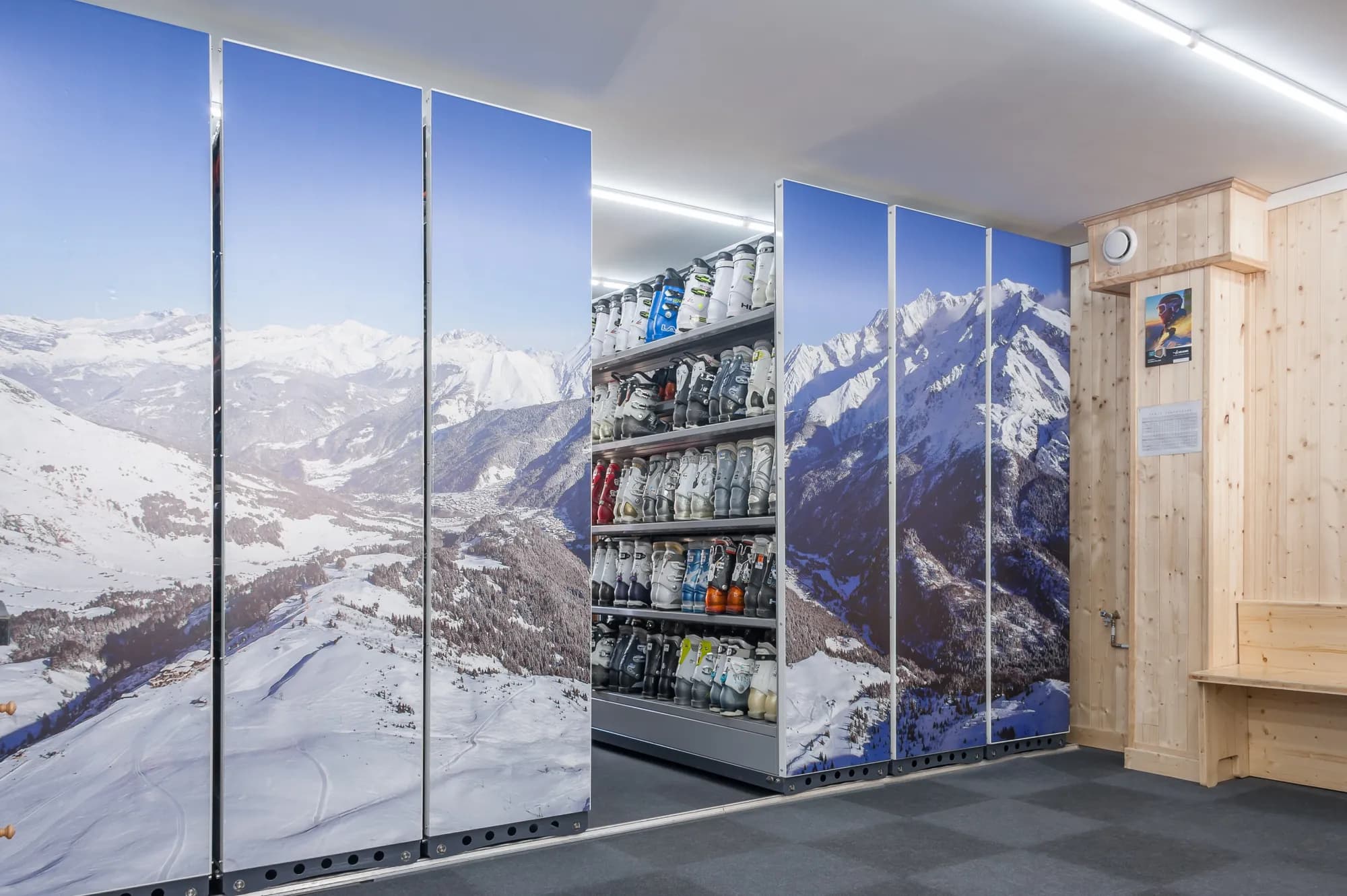 Heated ski boot lockers in the Pierre Penz Sports store in Les Contamines