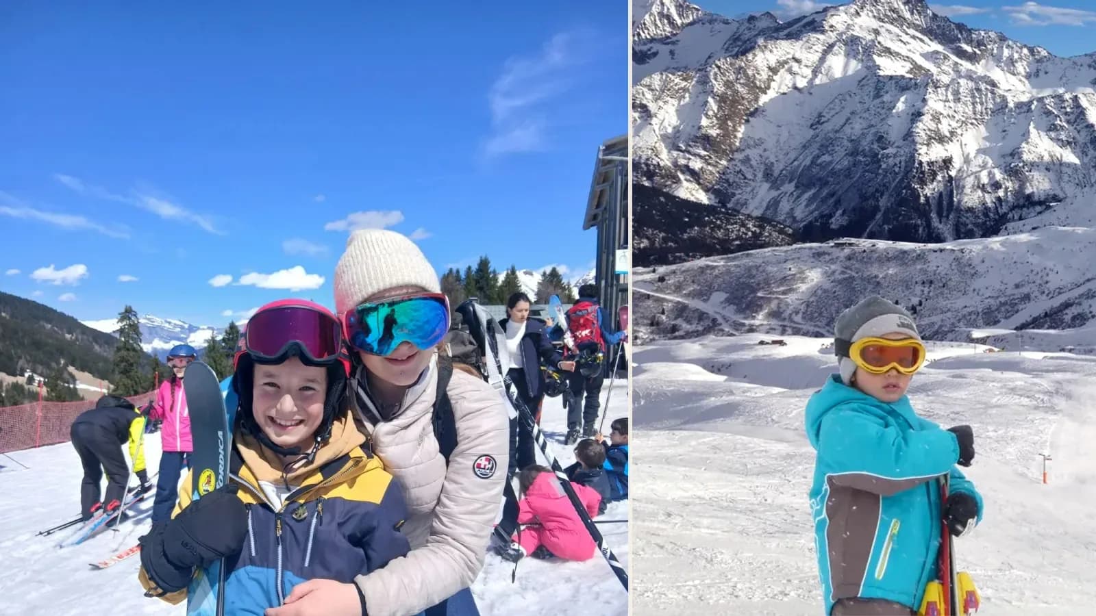 Enfants équipés pour le ski avec jeune skieur face au panorama enneigé de Saint-Gervais
